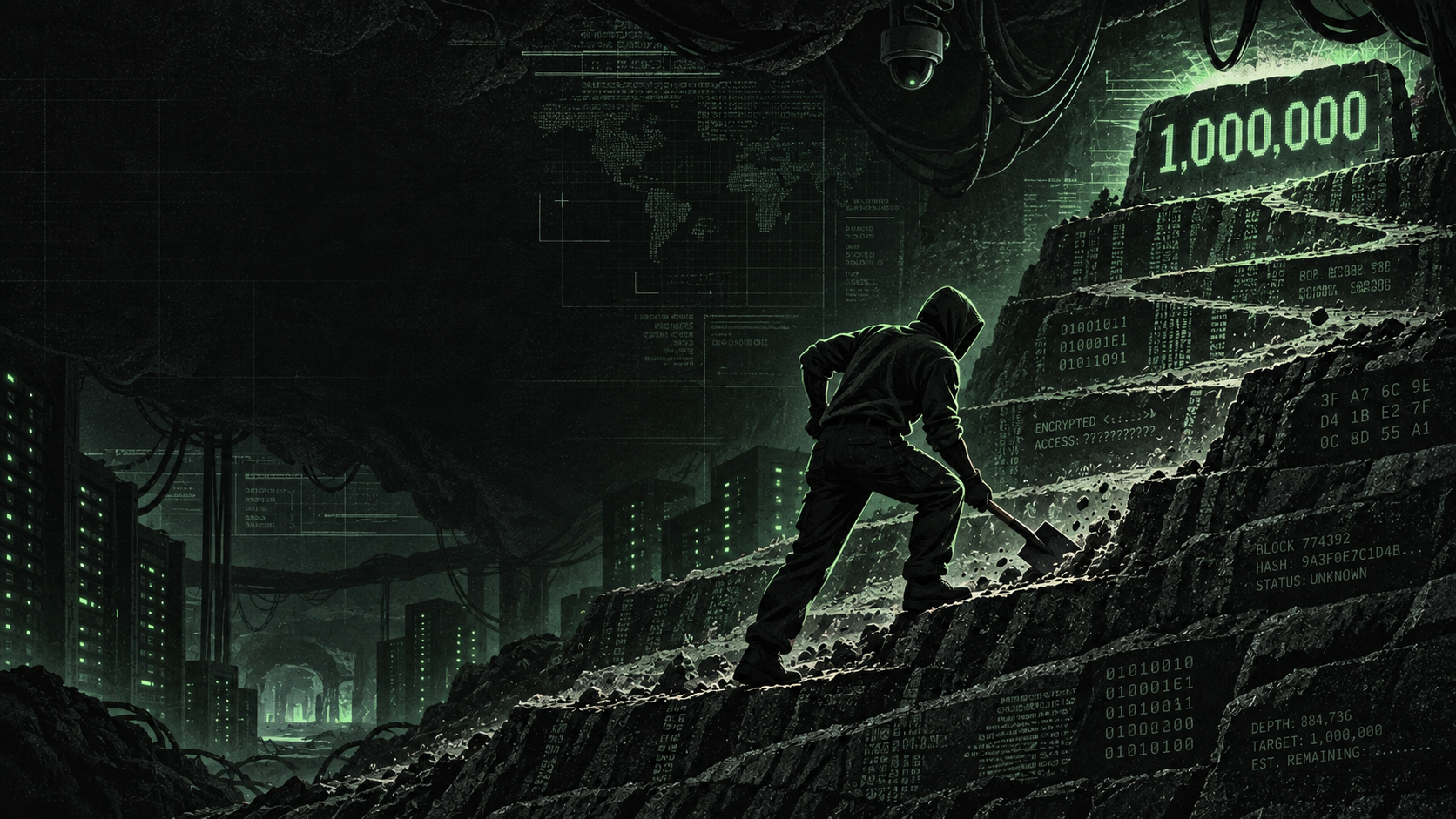 A hooded digital operator excavating a path toward the one million milestone